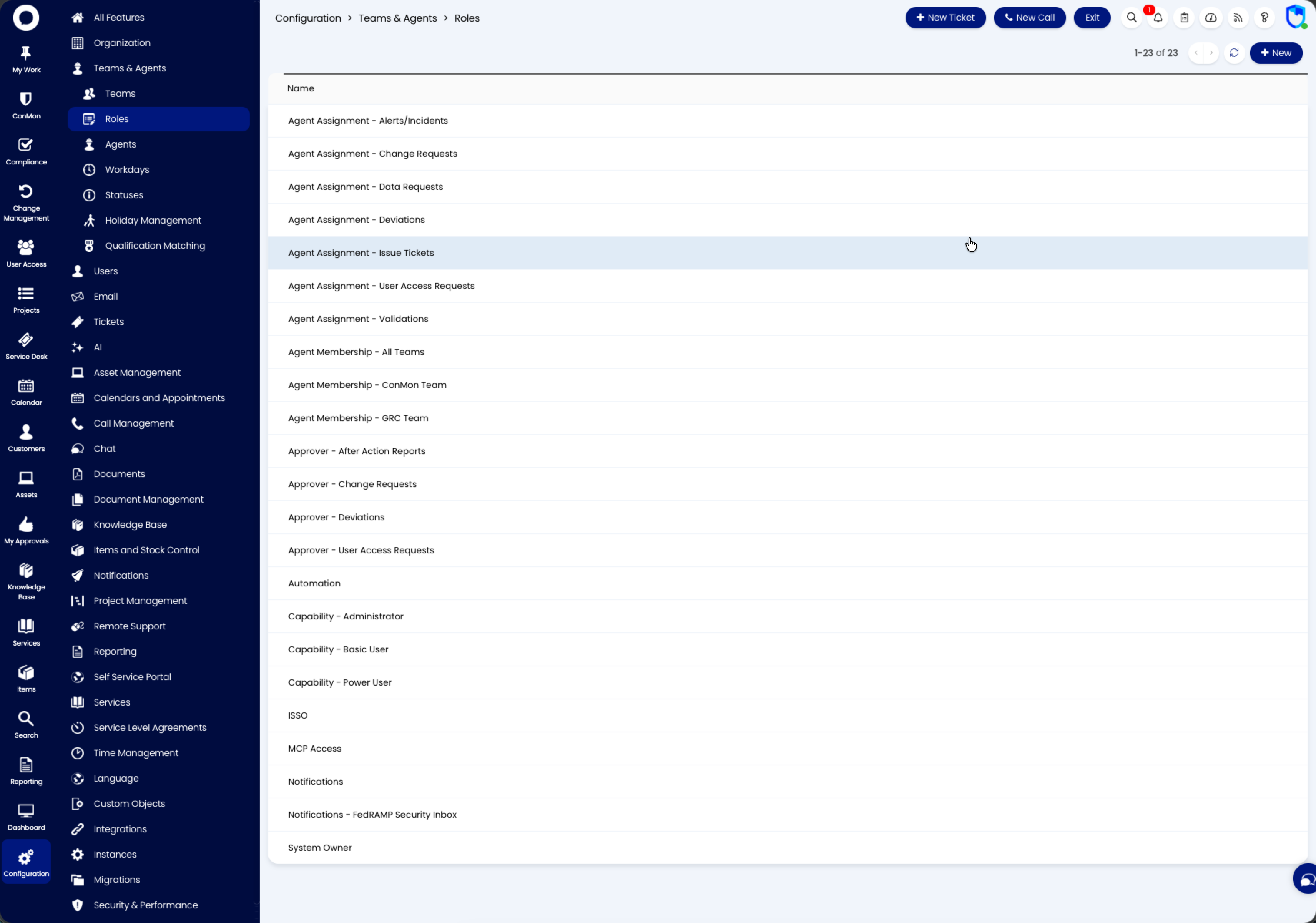 The Roles configuration area under Teams & Agents, listing the Agent Assignment, Agent Membership, Approver, and Capability role families plus the Automation, ISSO, MCP Access, Notifications, and System Owner roles