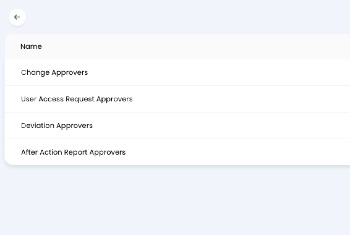 Change Advise Boards list showing the four configured CABs: Change Approvers, User Access Request Approvers, Deviation Approvers, and After Action Report Approvers