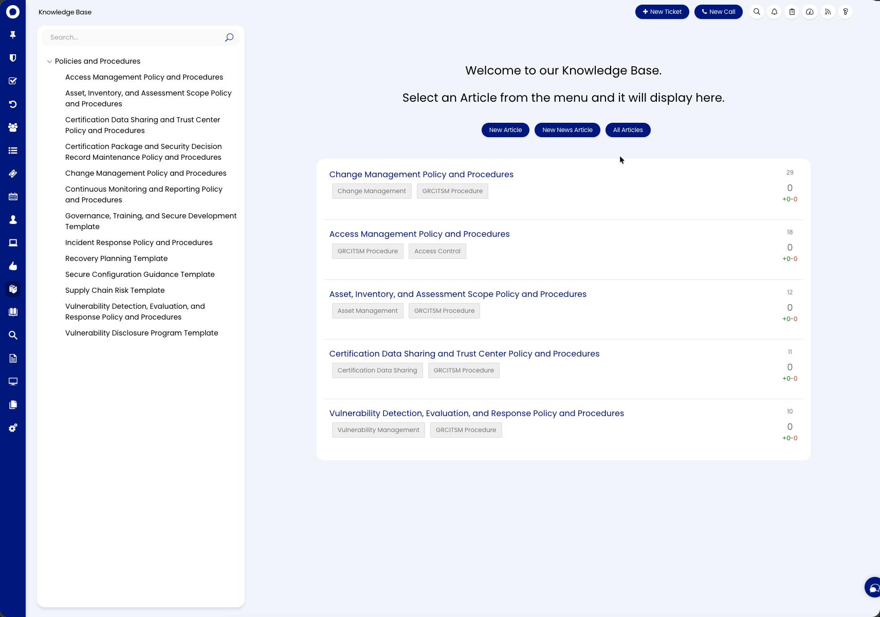 Knowledge Base area showing the Policies and Procedures FAQ list with its policy, procedure, and template articles, their topic tags, and the New Article actions