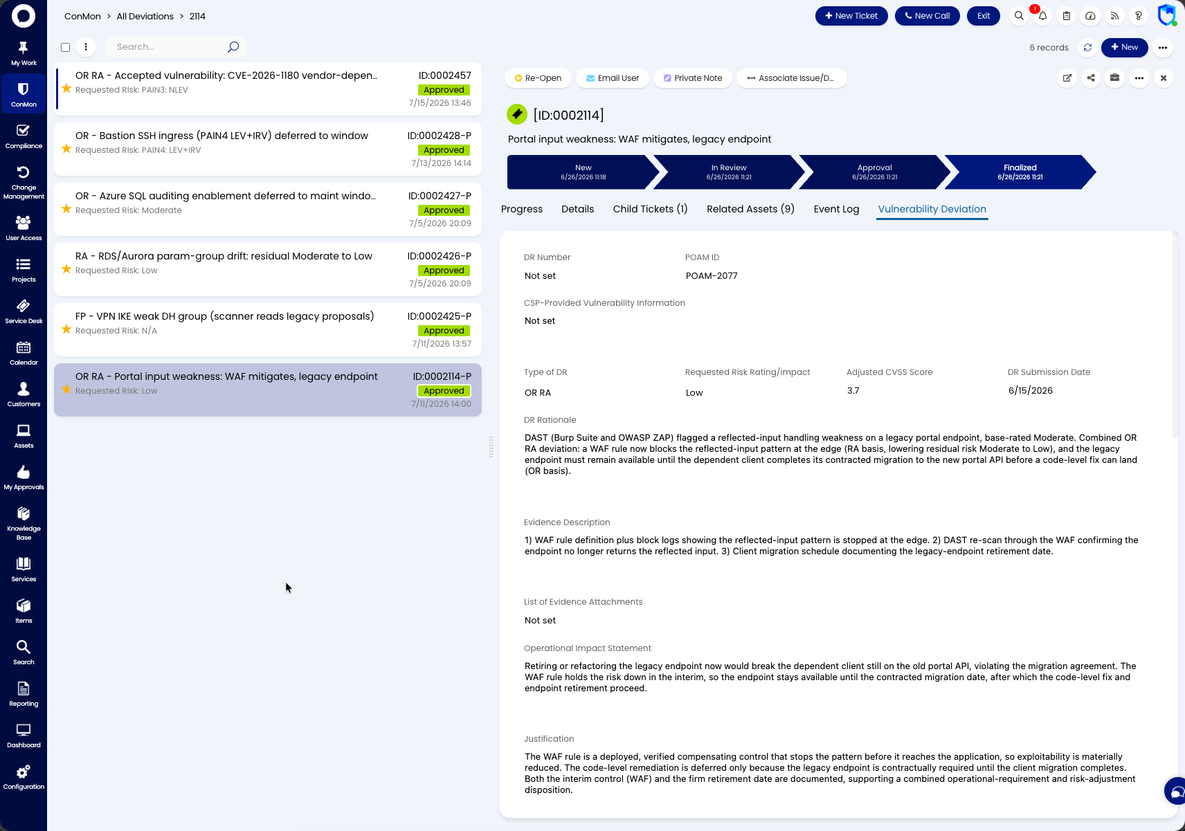 A finalized OR RA deviation showing the four-stage workflow chevron, requested risk rating, adjusted CVSS score, rationale, evidence description, and justification